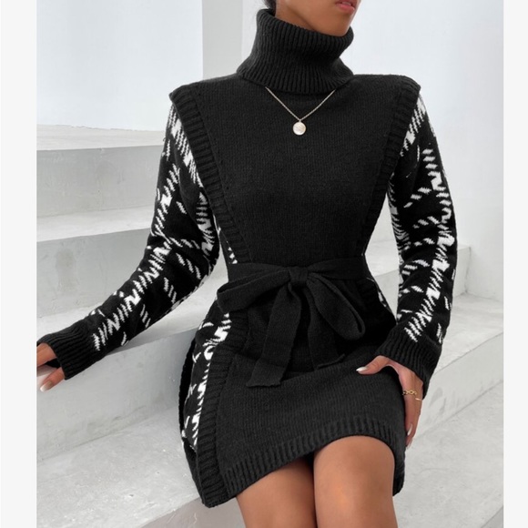 Cozy Houndstooth Pattern Turtle Neck Belted Sweater Dress - Picture 2 of 7